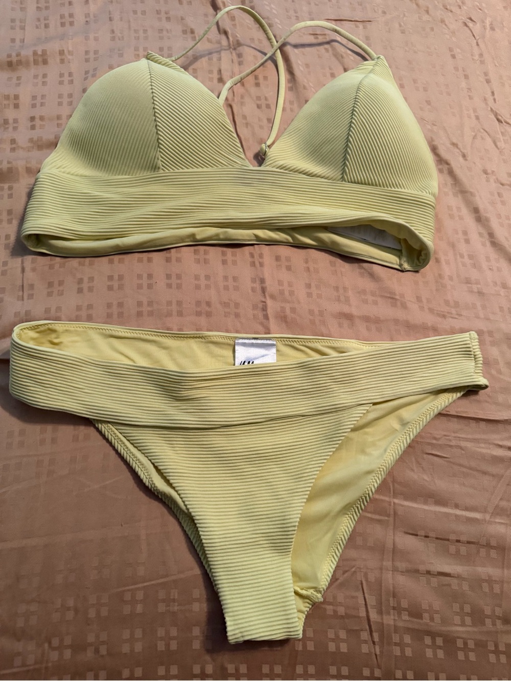 H&M Pale Yellow Ribbed Bikini Set - Bralette Top & Mid-Rise Bottom